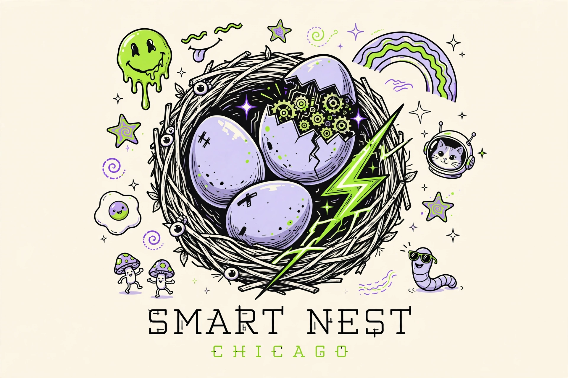 Smart Nest Chicago logo: a bird nest with lavender eggs, one cracking open to reveal gears, struck by a lime lightning bolt